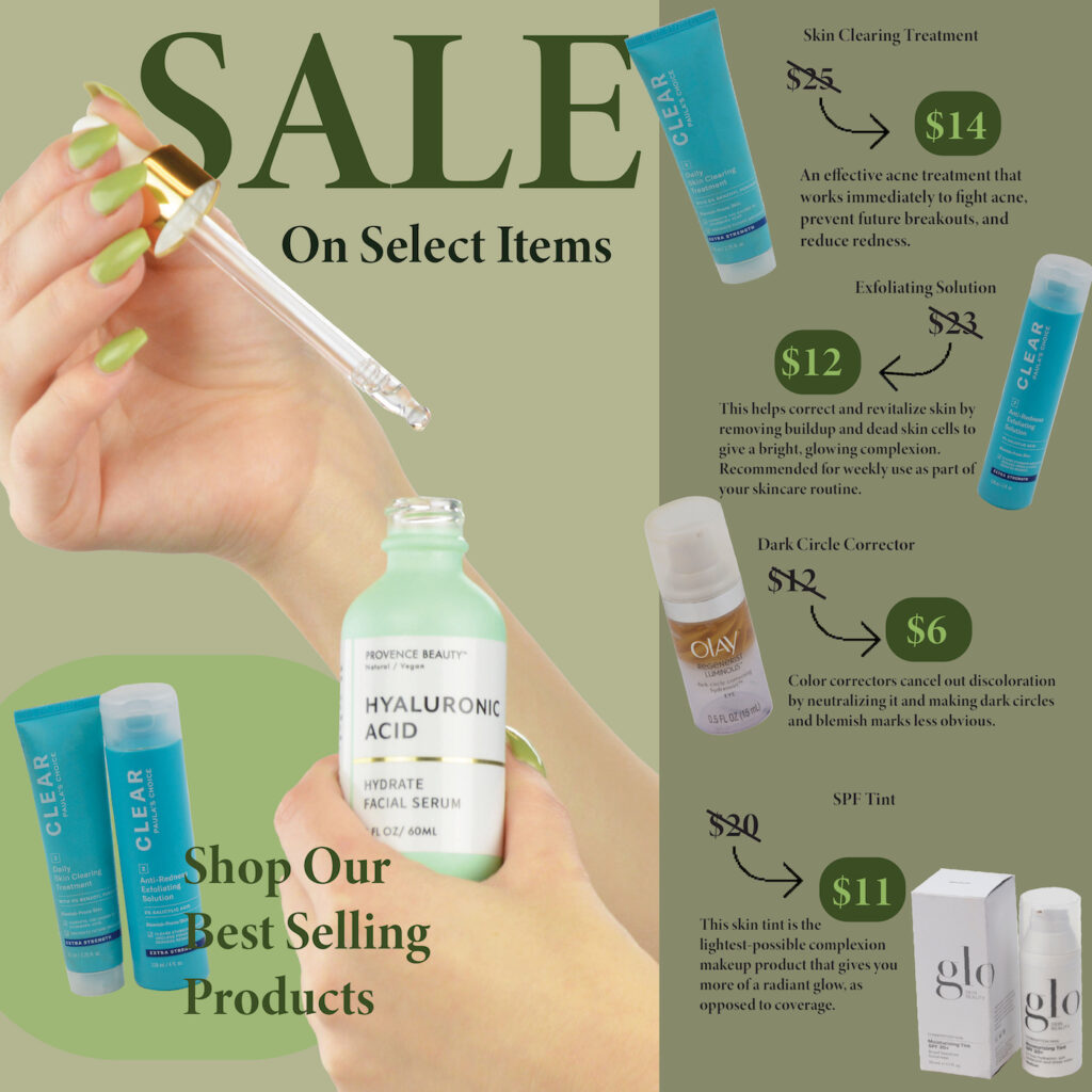 this image is the right page of my skincare catalog design, including masked images, sale items, prices and the use of photoshop, fonts, colors and good overall layout.